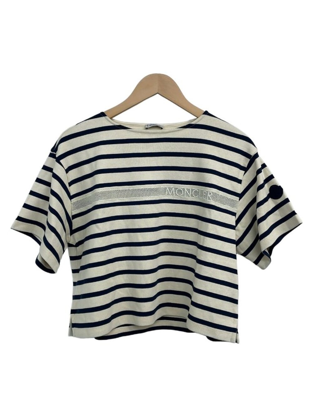 Moncler Short Sleeve Top Ivory Navy Crew Neck Border